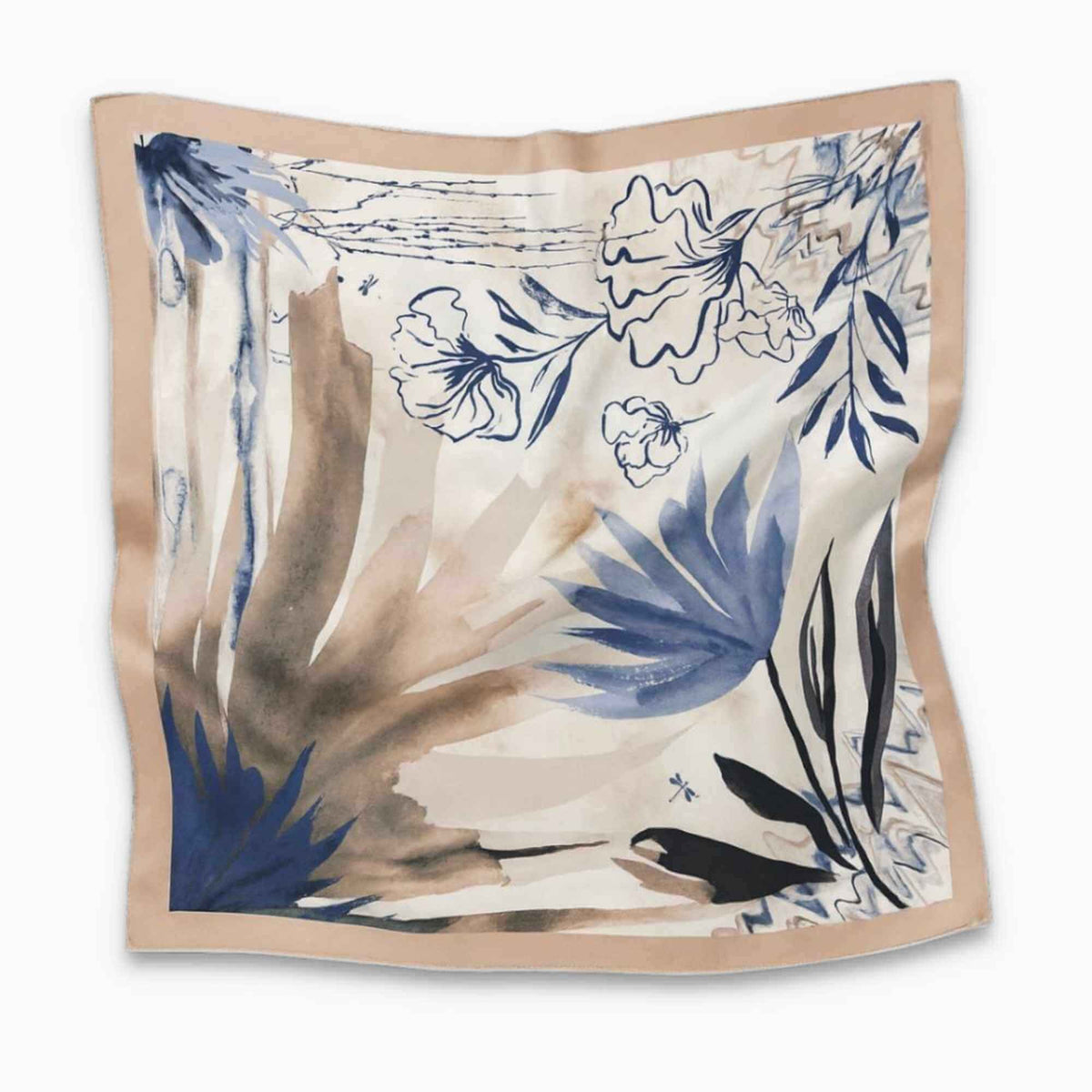 Floral and leaf patterned silk twill scarf on a beige background