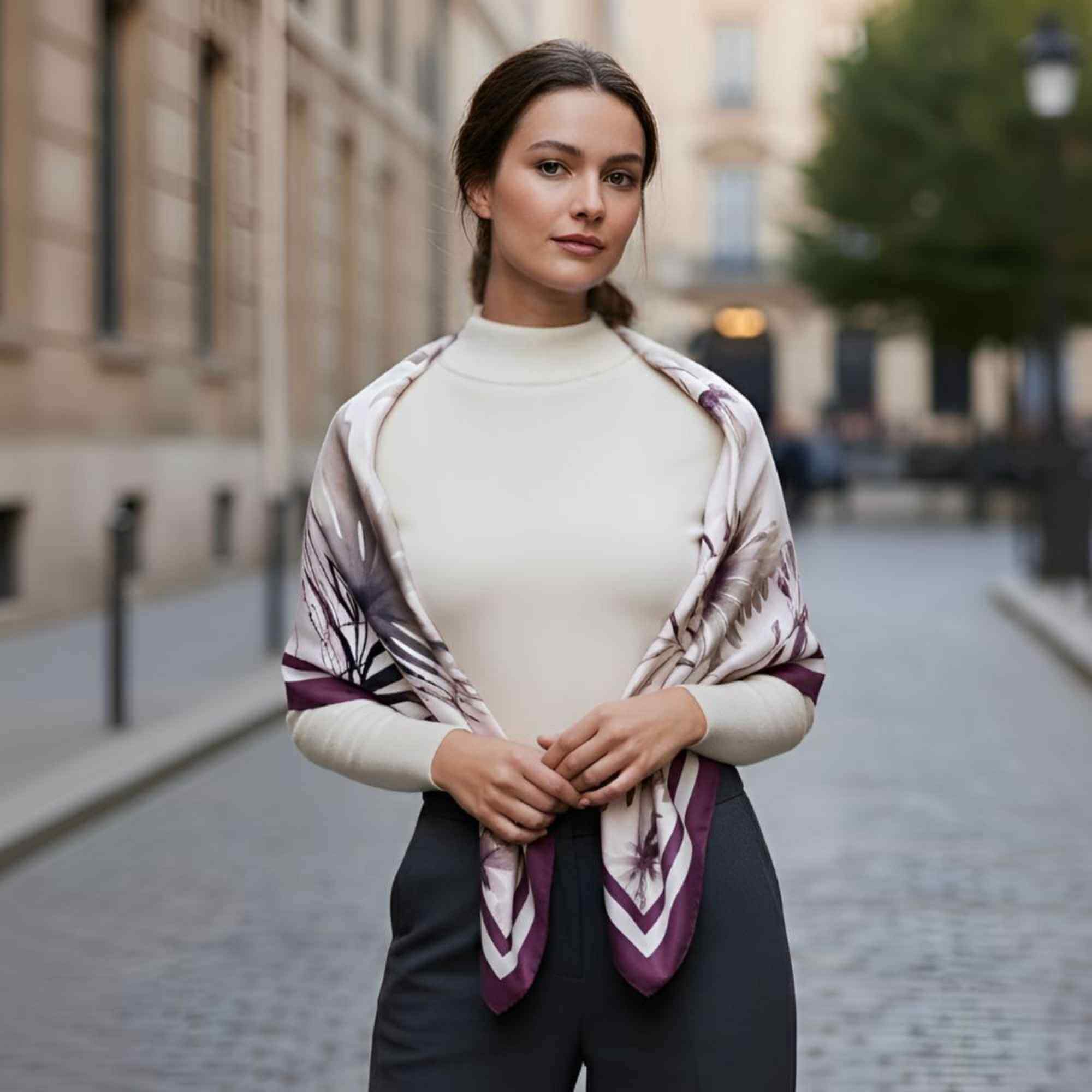 Woman wearing a patterned silk twill scarf in an urban setting