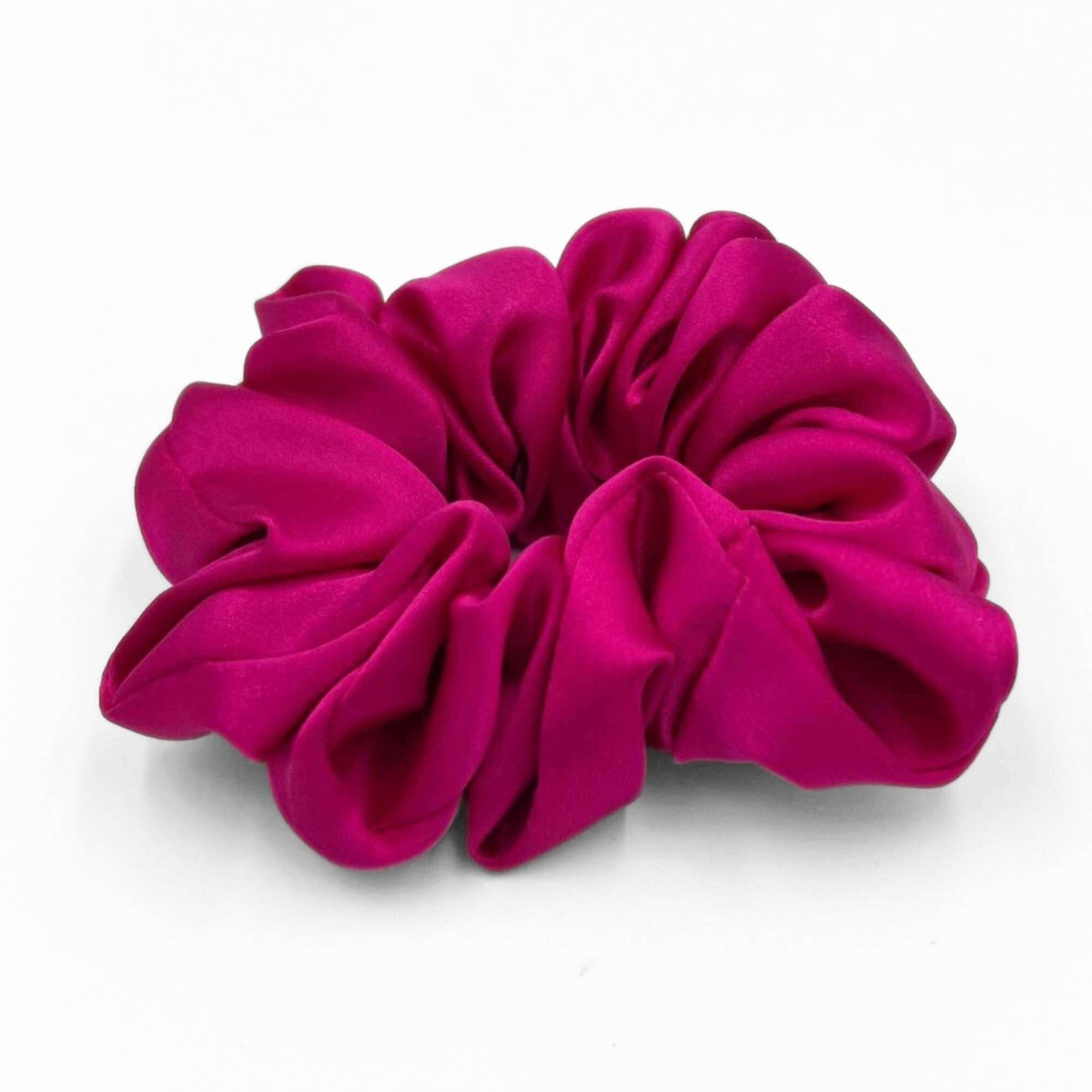 bright Pink mulberry silk scrunchie on a white background