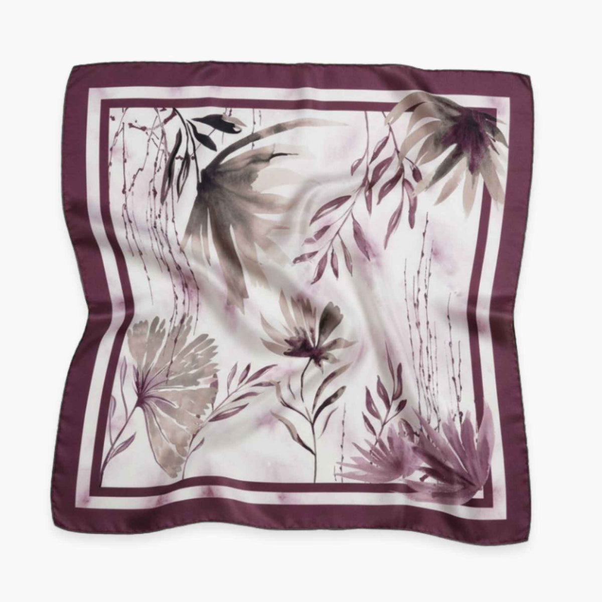 Square silk twill scarf with floral pattern on a beige background