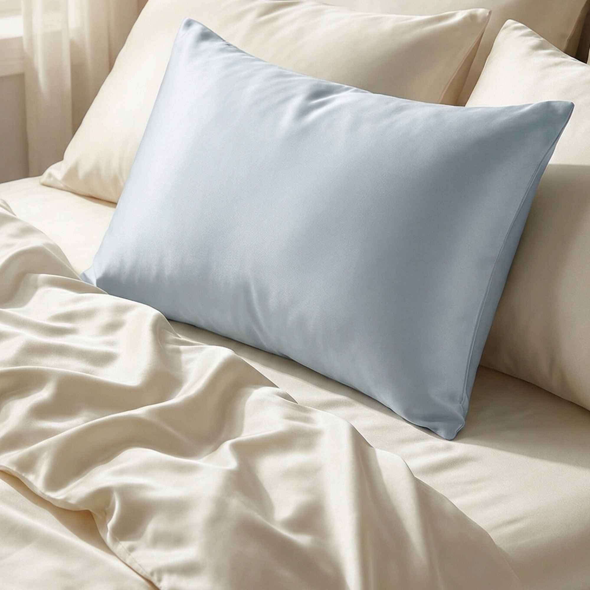 Light blue 25 momme mulberry silk pillow on a beige bed