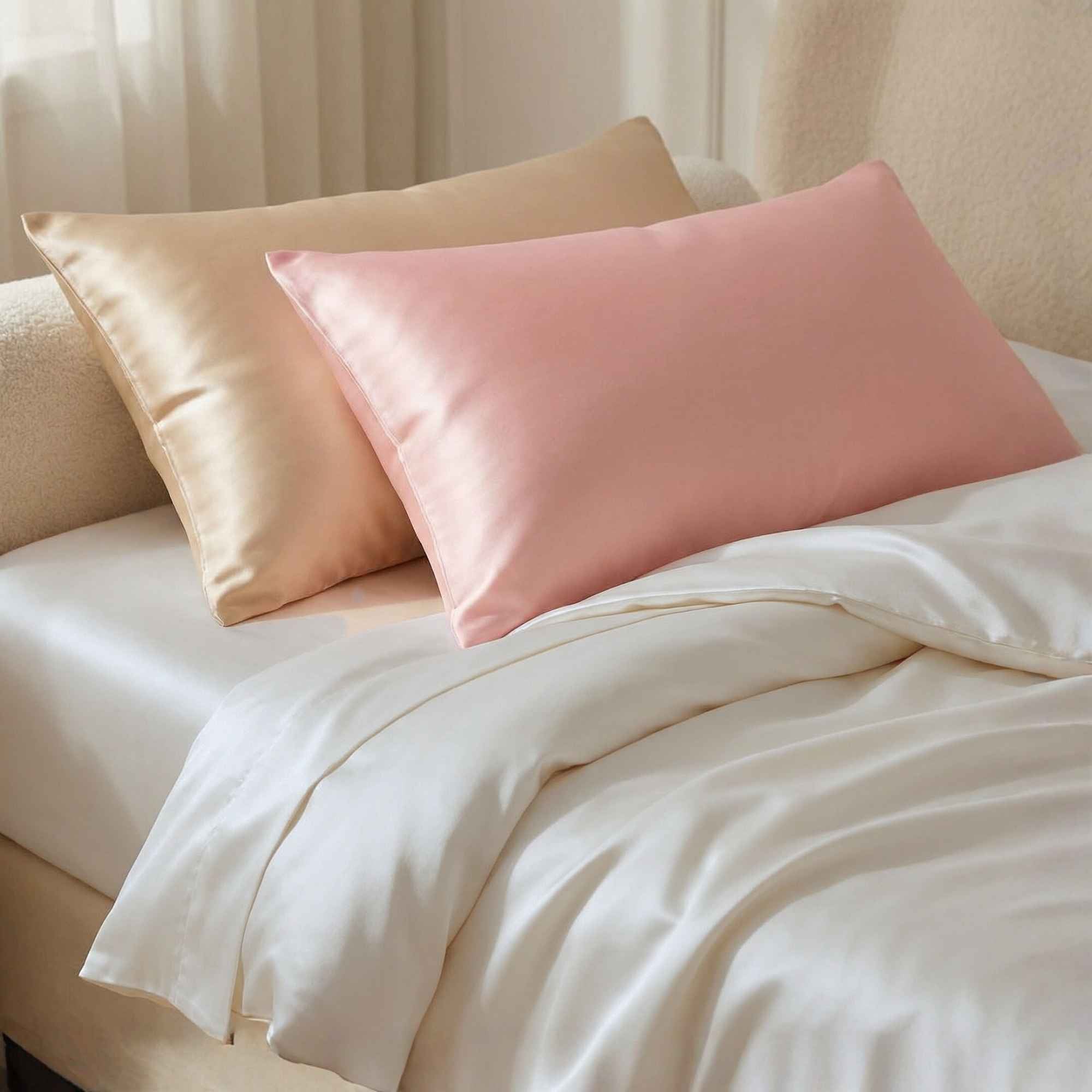 Two silk pillows - pink and champagne - on a bed with white bedding