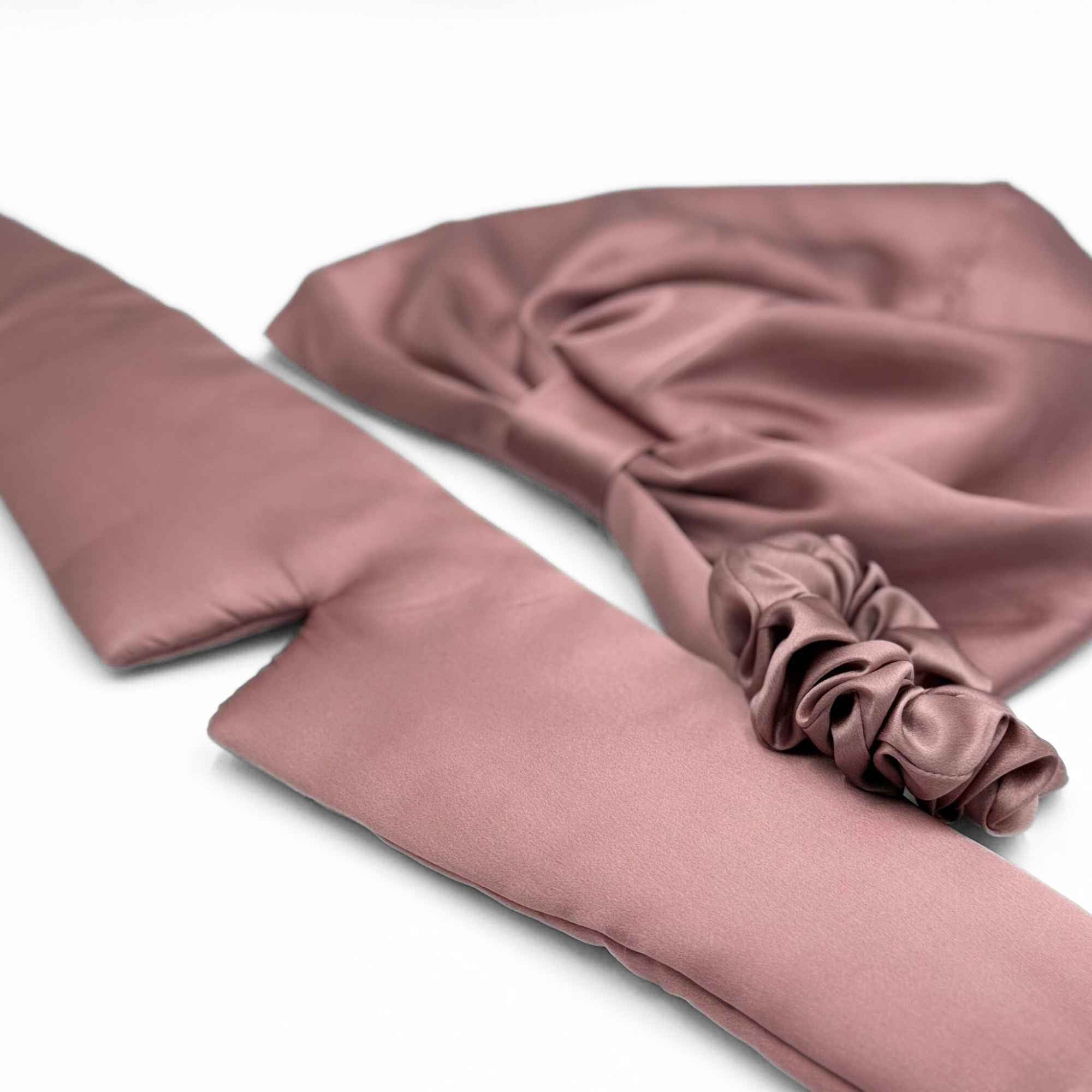 dusty pink mulberry silk bonnet eye mask and scrunchie set