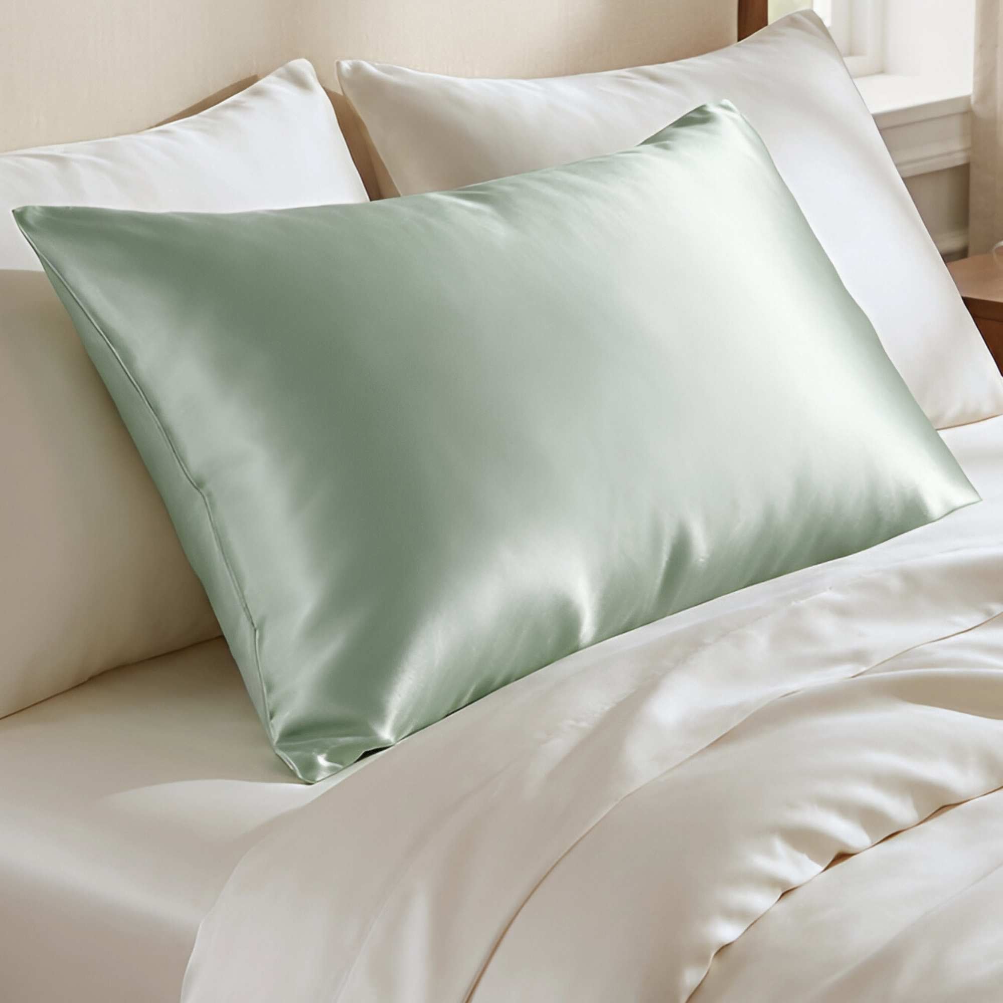 Silky glacial green glace silk pillowcase on a bed with white pillows and bedding.