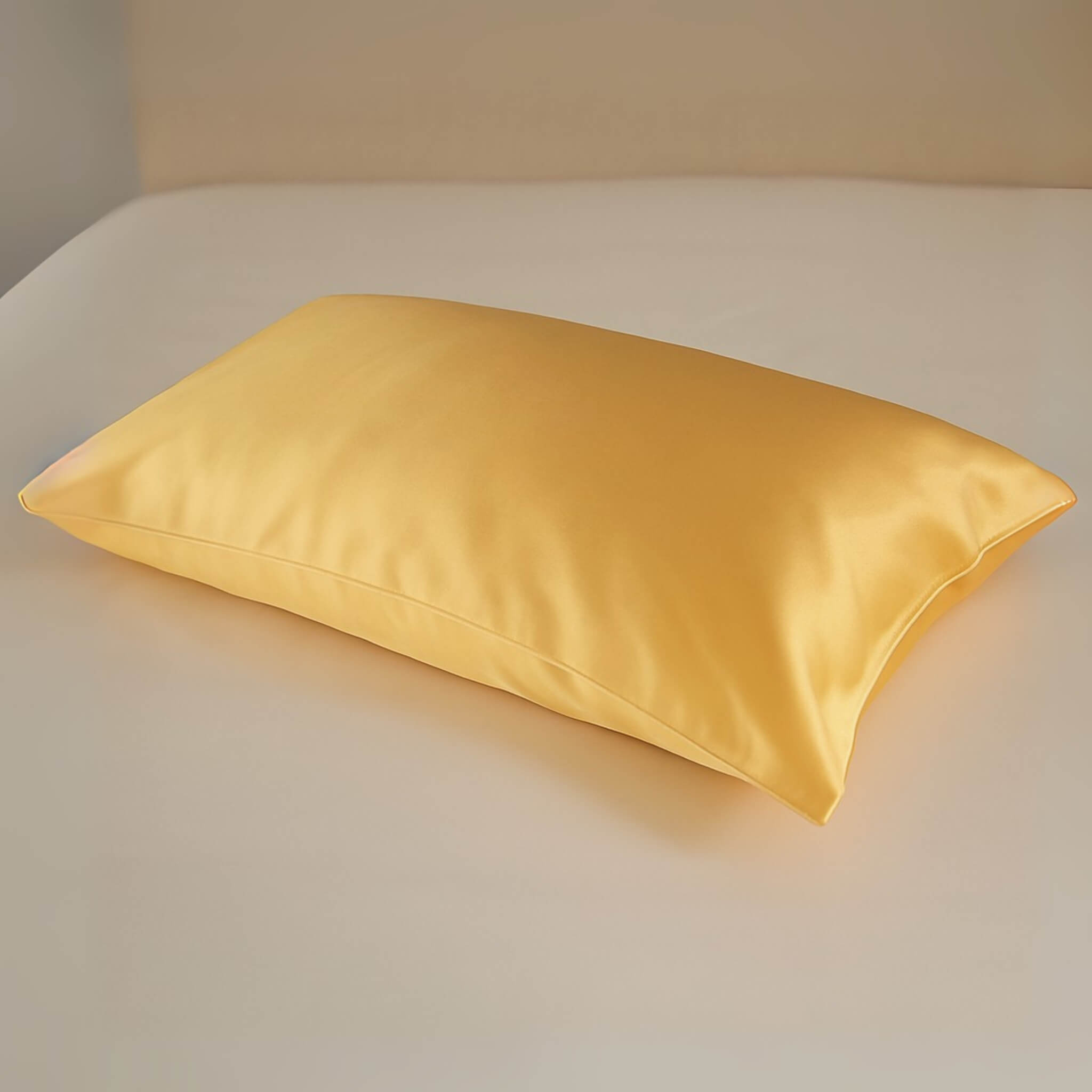 Gold silk pillowcase on an ivory silk bed sheet
