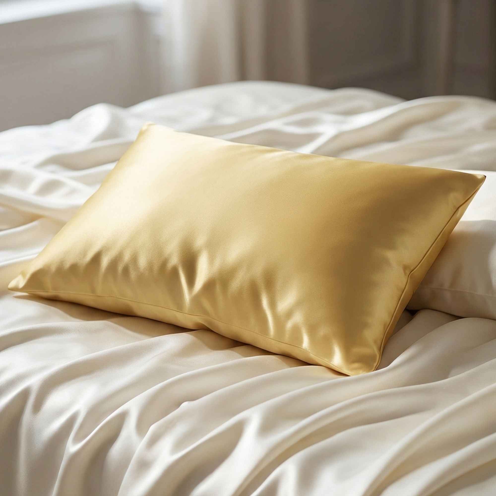 gold 25 momme mulberry silk pillow on a bed