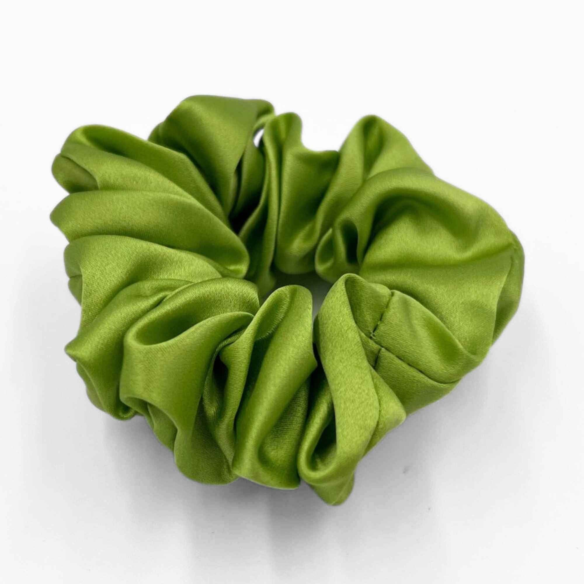 lime Green mulberry silk scrunchie on a white background