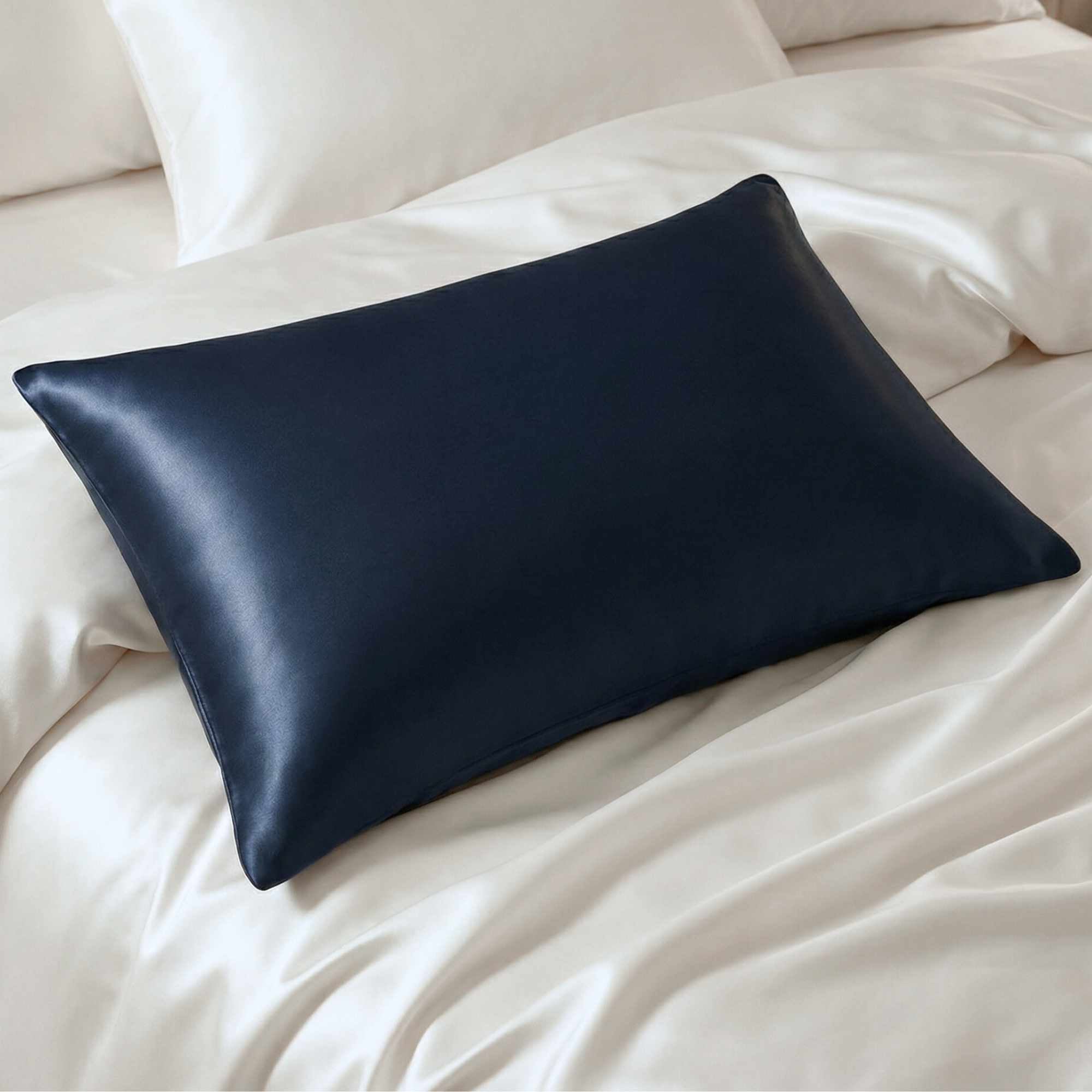Navy blue 25 momme mulberry silk pillow on a white bed