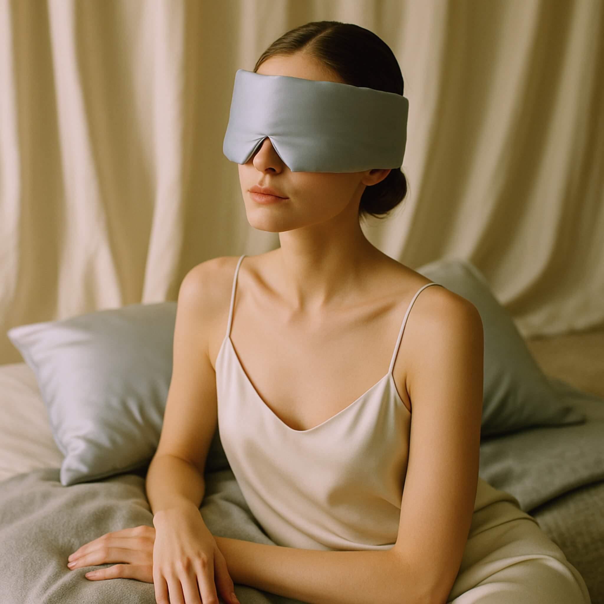 Woman wearing a light blue silk sleep mask sitting on a bed with beige curtains in the background.
