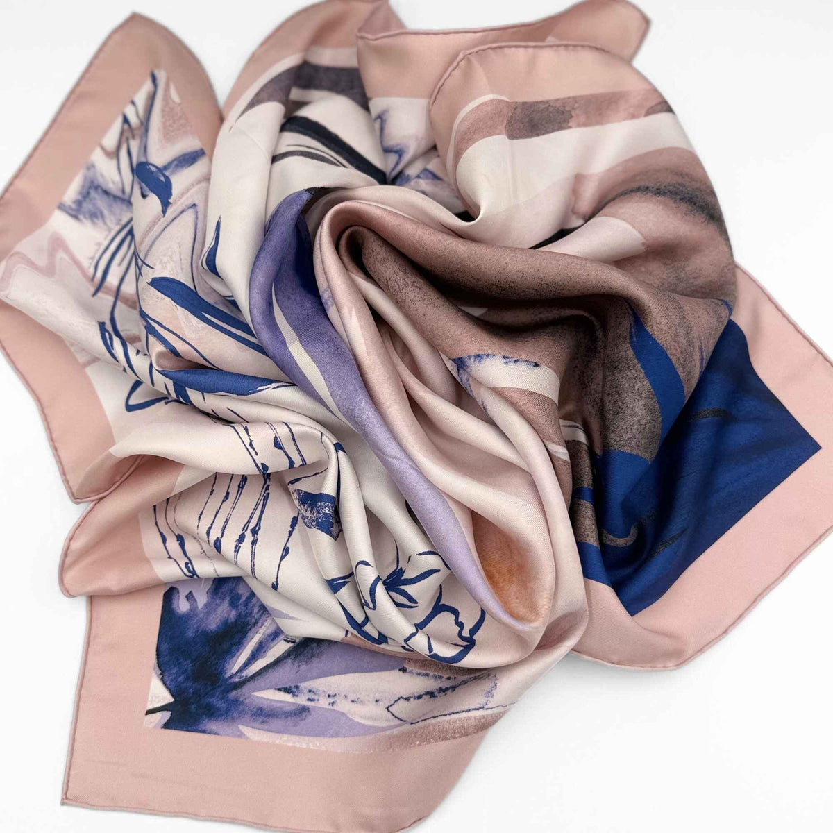 Colorful silk twill scarf with a floral design on a white background