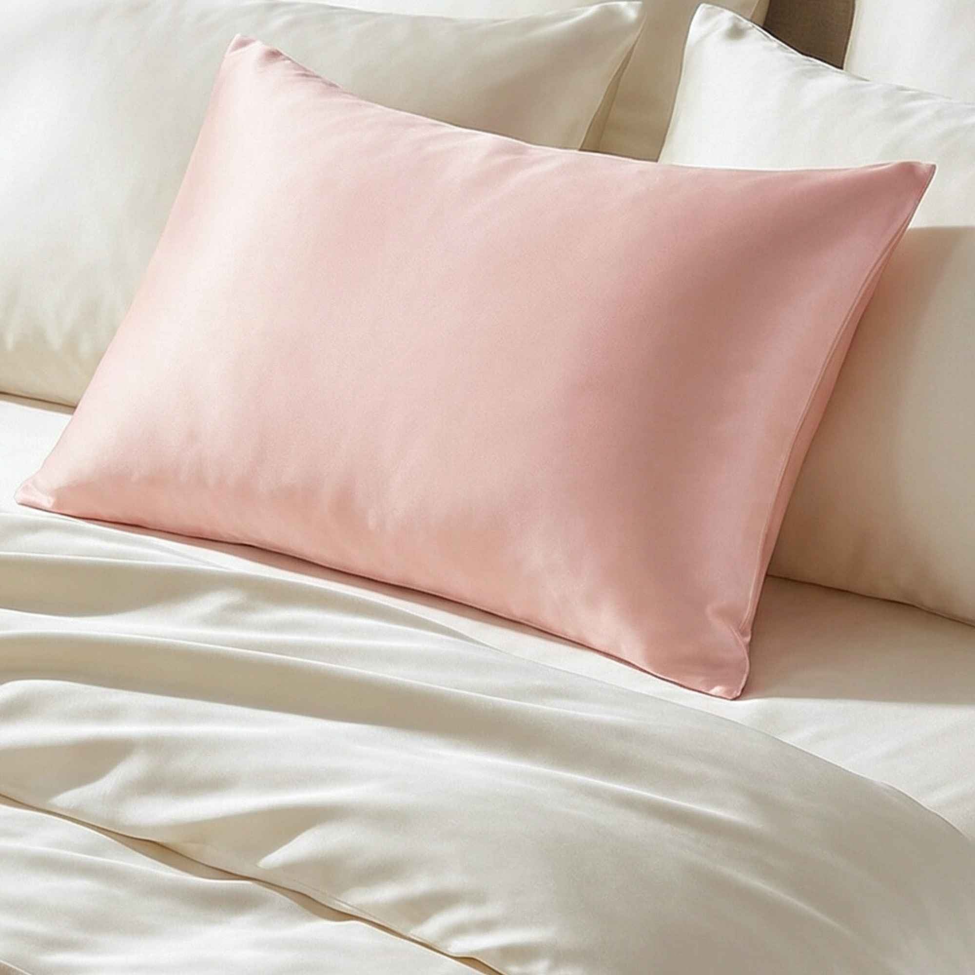 Pink 25 momme mulberry silk pillow on a beige bed