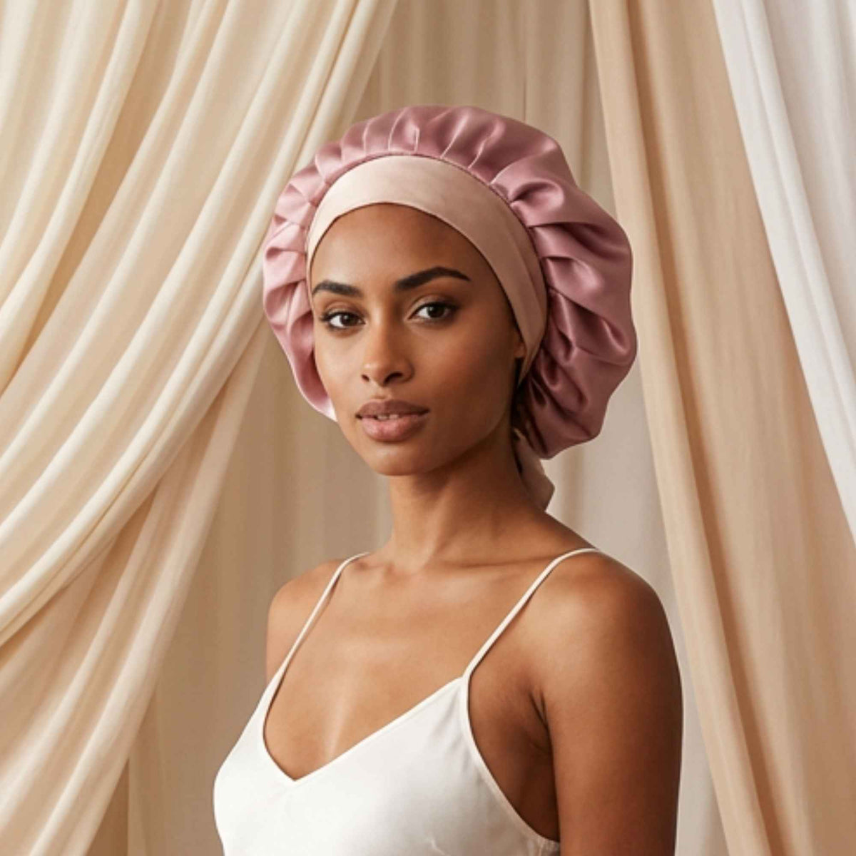Woman wearing a pink silk bonnet against a beige curtain background