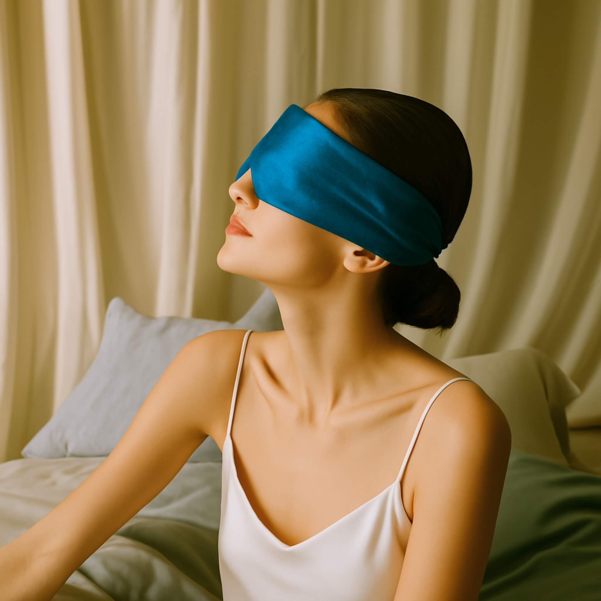 Woman wearing a blue silk sleep mask in a cozy room.