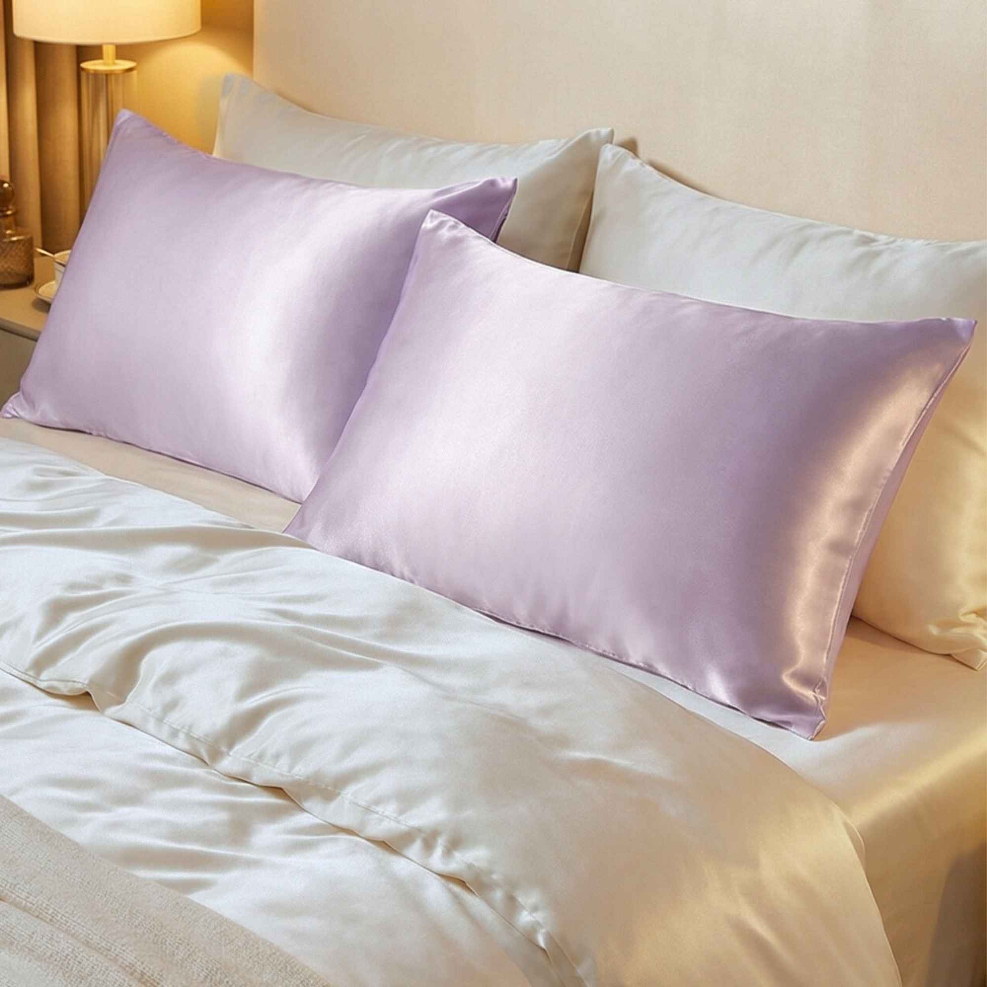 two silk thistle purple glace pillowcases on a bed