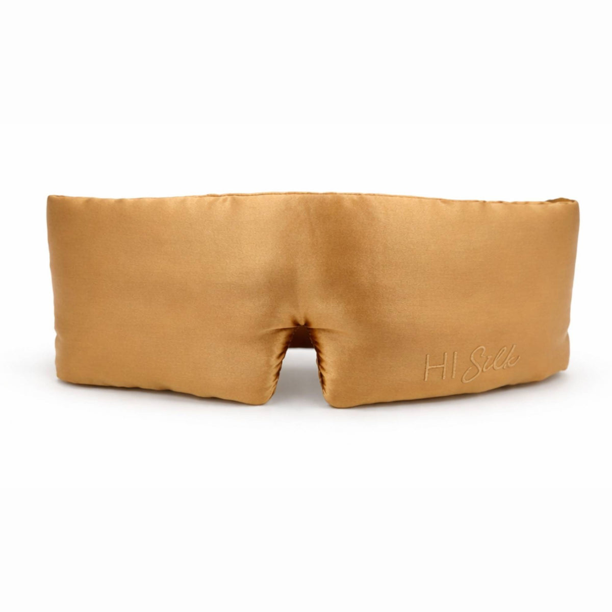 Mustard yellow silk 3D eye mask with 'HI Silk' branding on a white background