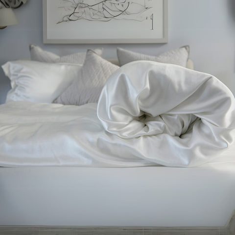 rolled up silk duvet cover on a bed with silk pillows and decorative pillows in the background