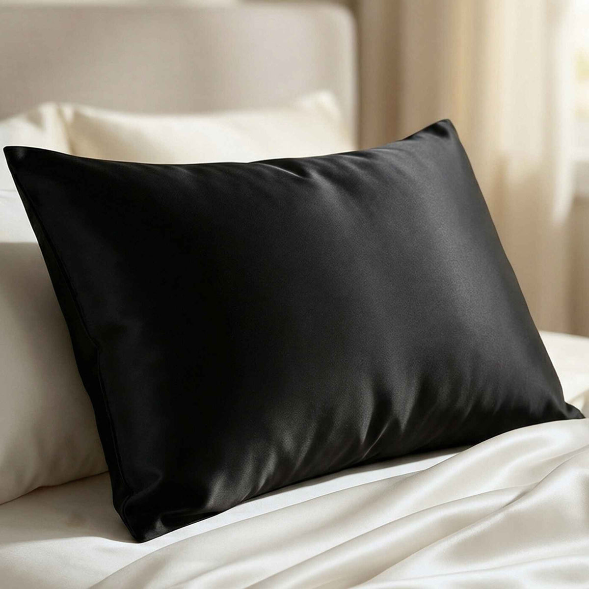 Black 25 momme mulberry silk pillow on a bed with white bedding