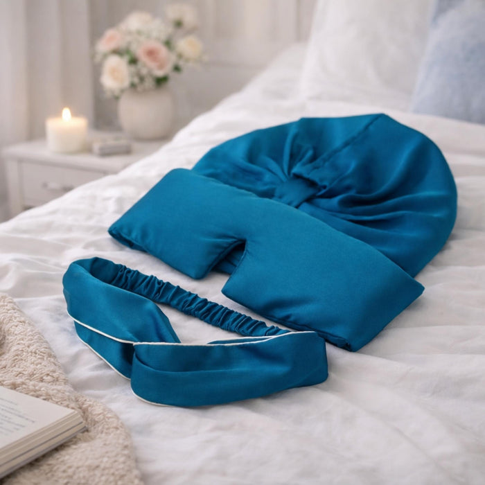 Blue silk headband, bonnet and eye mask on a bed with a soft focus background