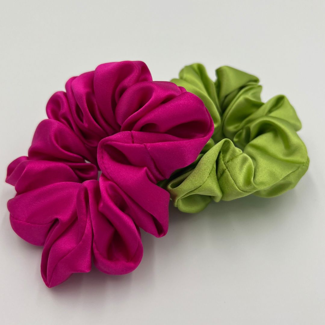 bright pink and lime green silk scrunchies