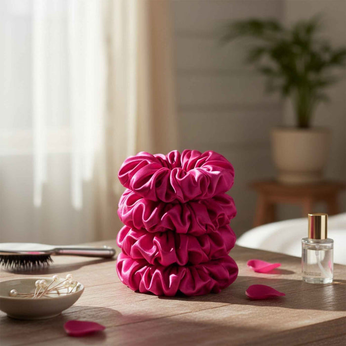 Stack of pink silk scrunchies on a wooden table with a blurred background