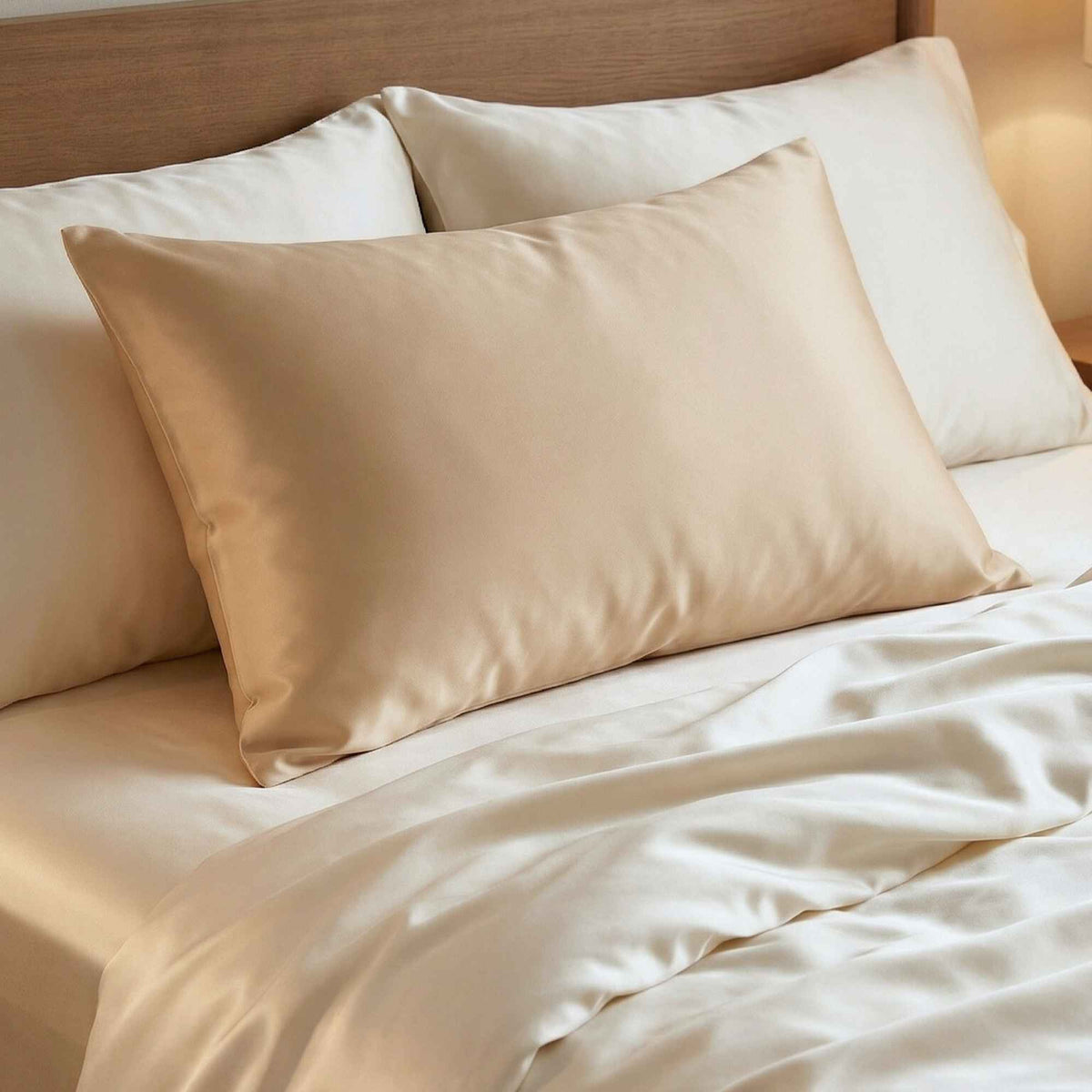 Chamagne coloured mulberry silk pillow on a bed