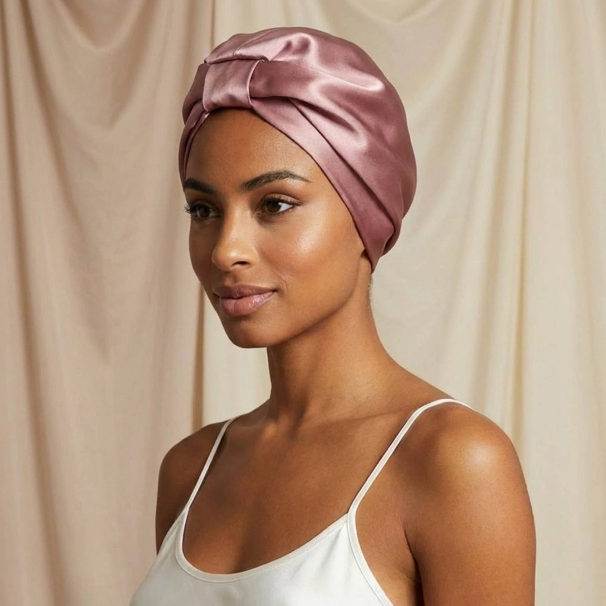 Woman wearing a dusty pink mulberry silk bonnet against a beige background