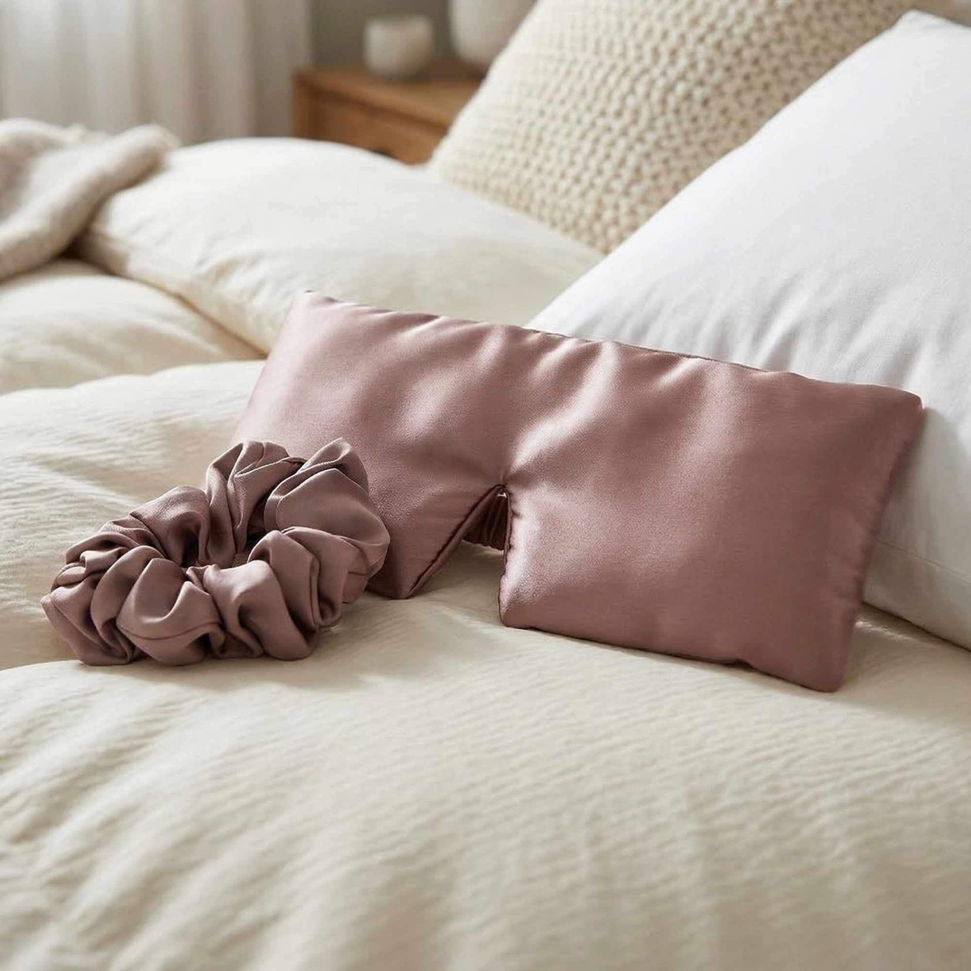 Pink silk eye mask and scrunchie on a bed with neutral bedding