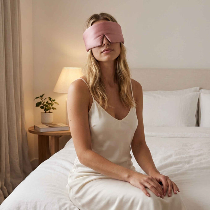 Woman wearing a pink sleep mask sitting on a bed in a softly lit room.