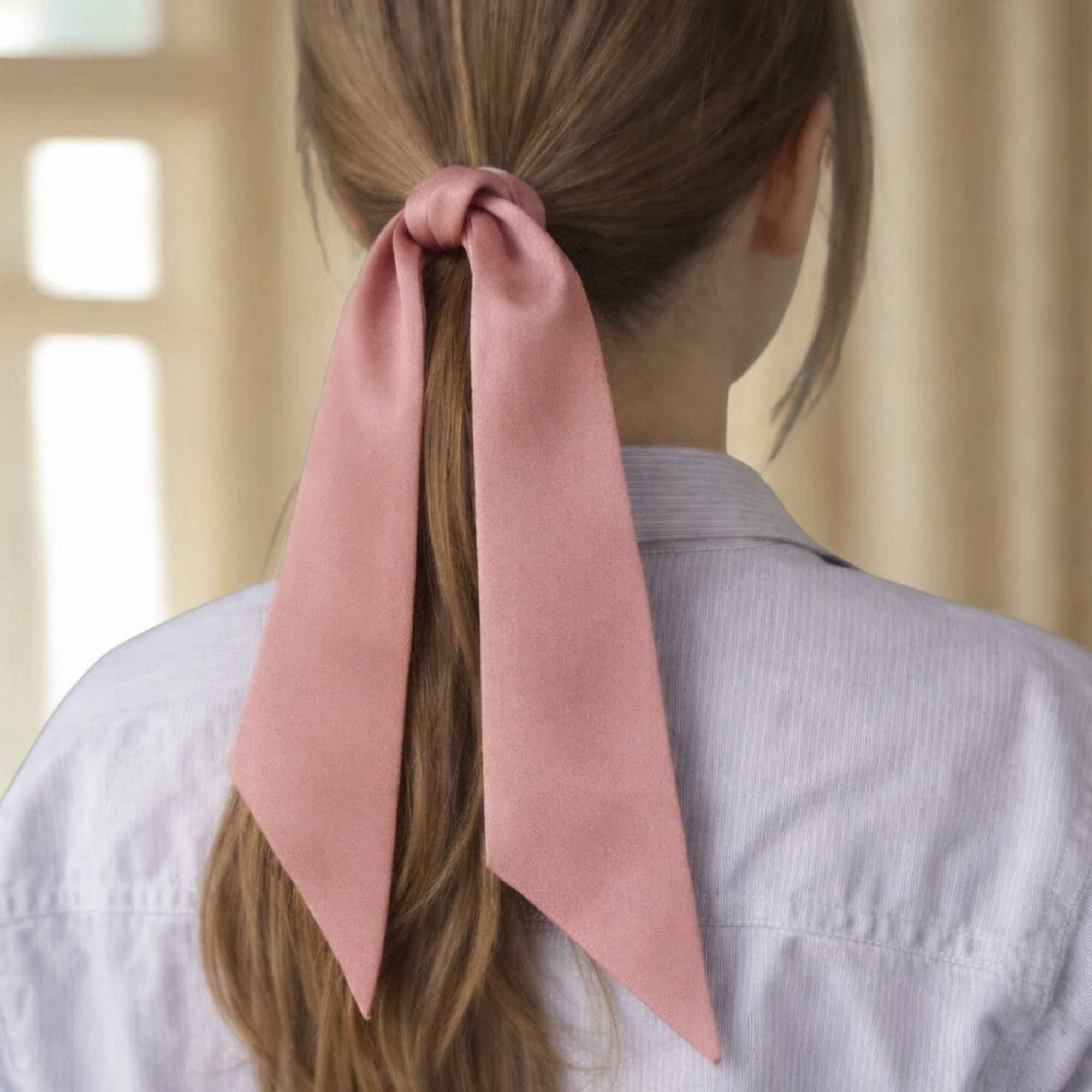 Person with a dusty rose mulberry silk skinny scarf in their ponytail against a neutral background