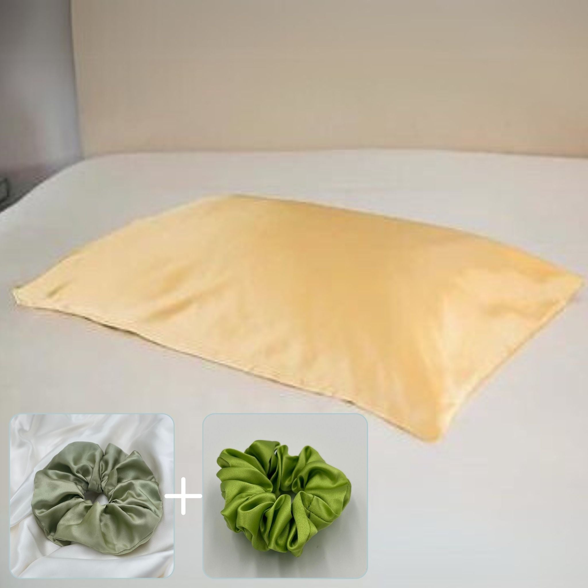 Gold 25 momme Housewife Pillowcases, Oversized Pistachio Green Scrunchie and Lime Green Scrunchie Gift Box