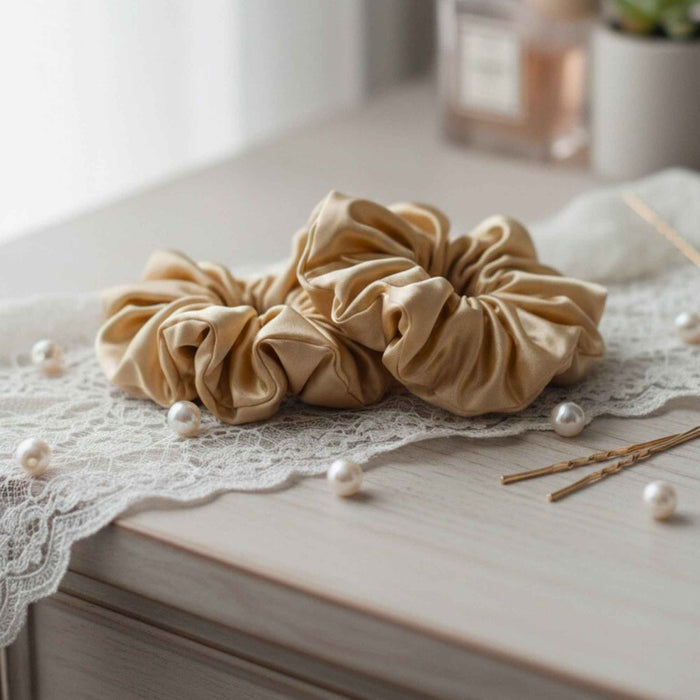 Golden yellow oversized silk scrunchies on a lace surface with pearls and hairpins.