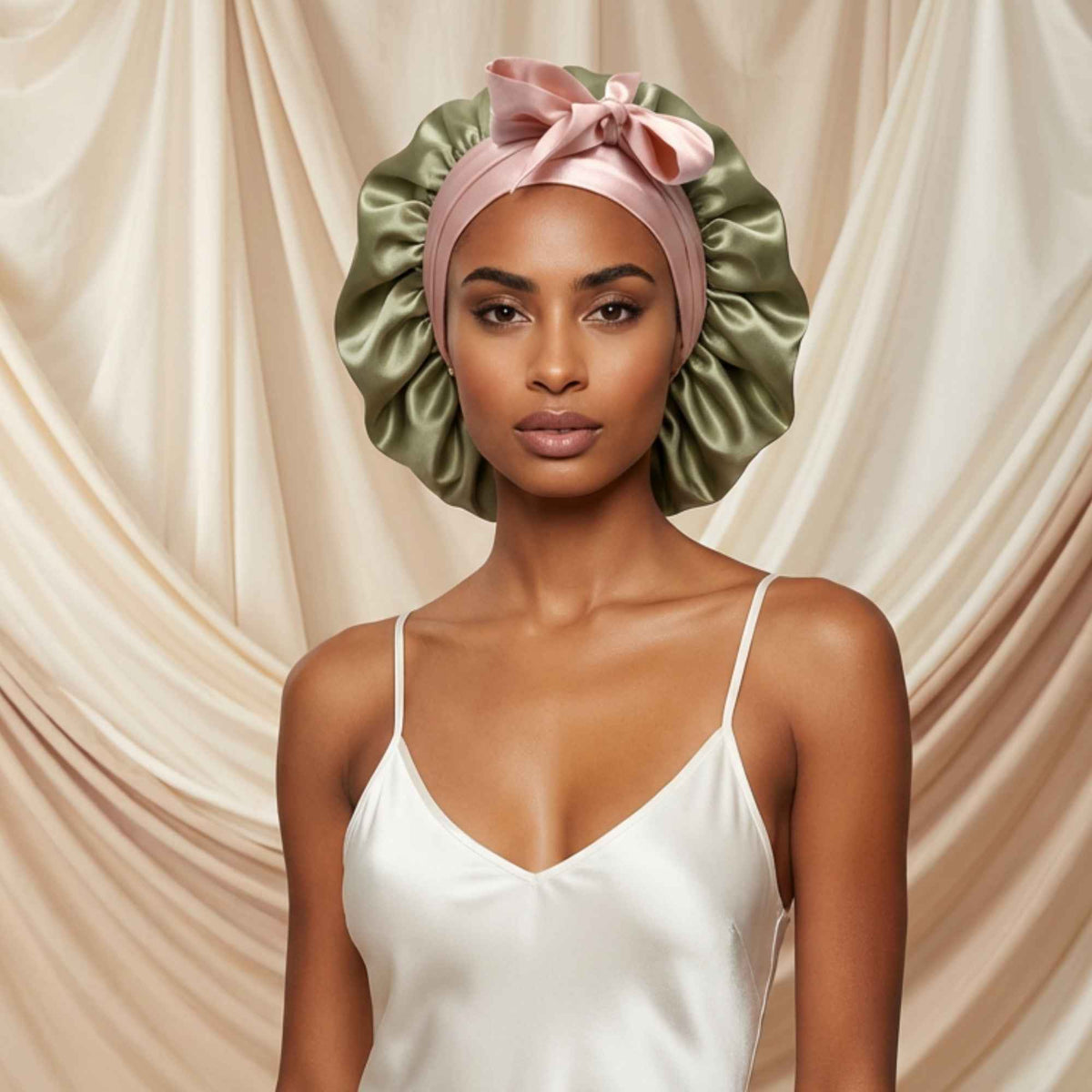 Woman wearing a green silk bonnet against a beige curtain background