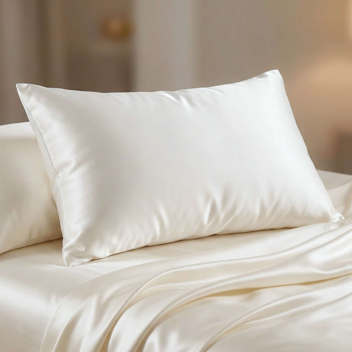 ivory 25 momme mulberry silk pillow on a bed