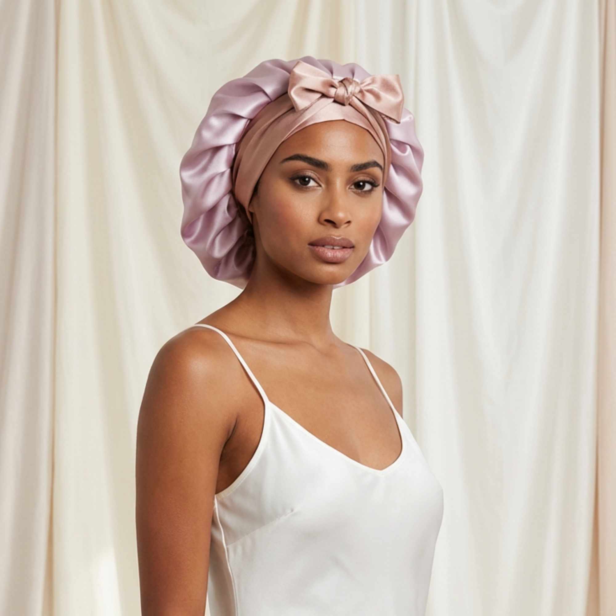 Woman wearing a lavender mulberry silk bonnet with a bow against a white curtain background