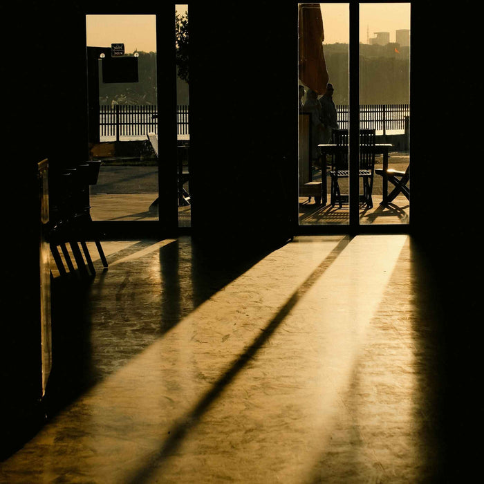Sunlight streaming through large glass doors onto a wooden floor