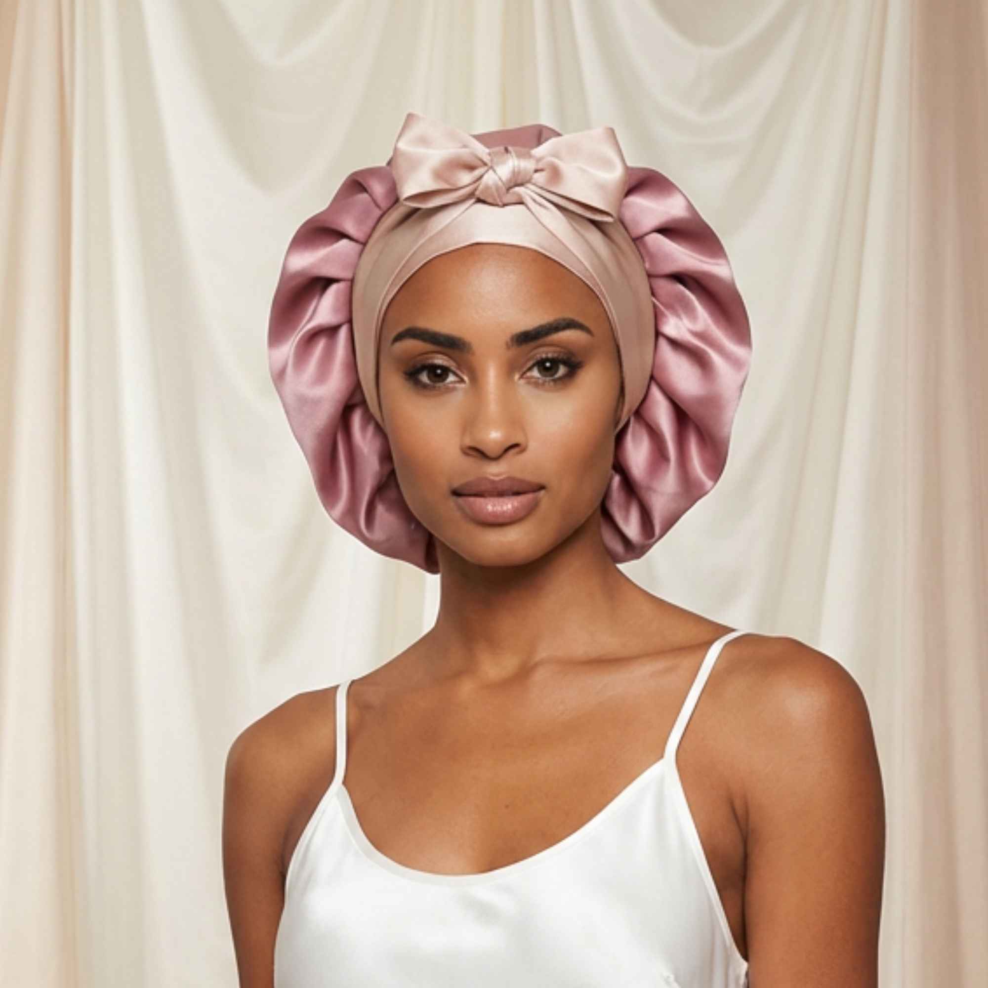 Woman wearing a pink mulberry silk bonnet with a bow against a beige curtain background
