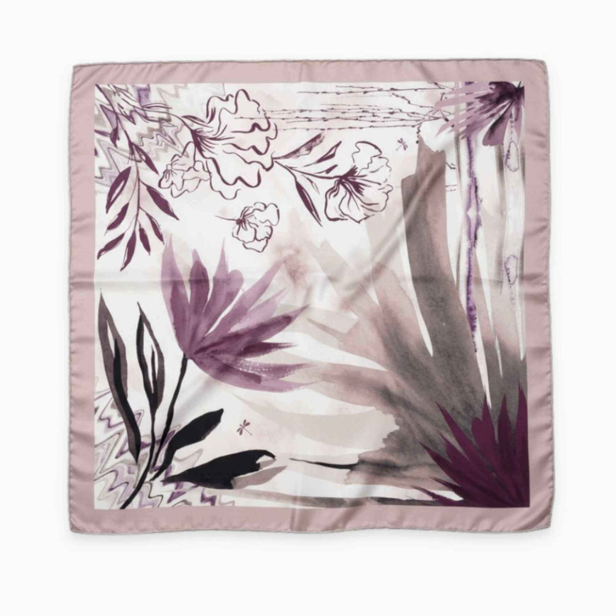 Floral and leaf patterned silk twill scarf square on a beige background