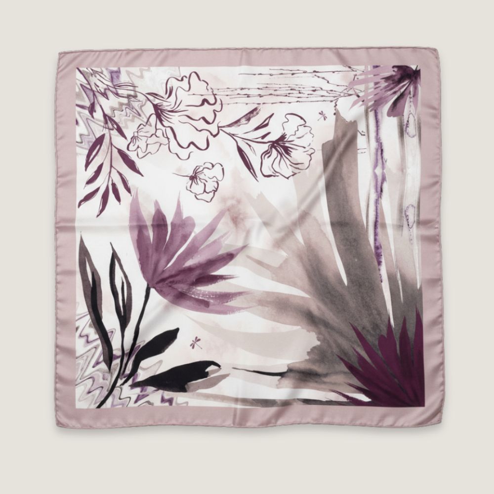 Double Sided Silk Twill Scarf - Petals and Palms - 90cm x 90cm
