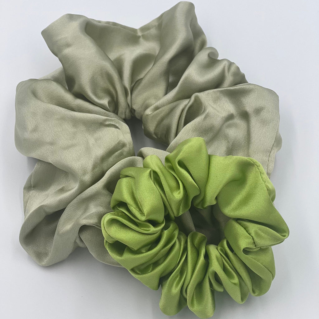 Gold 25 momme Housewife Pillowcases, Oversized Pistachio Green Scrunchie and Lime Green Scrunchie Gift Box