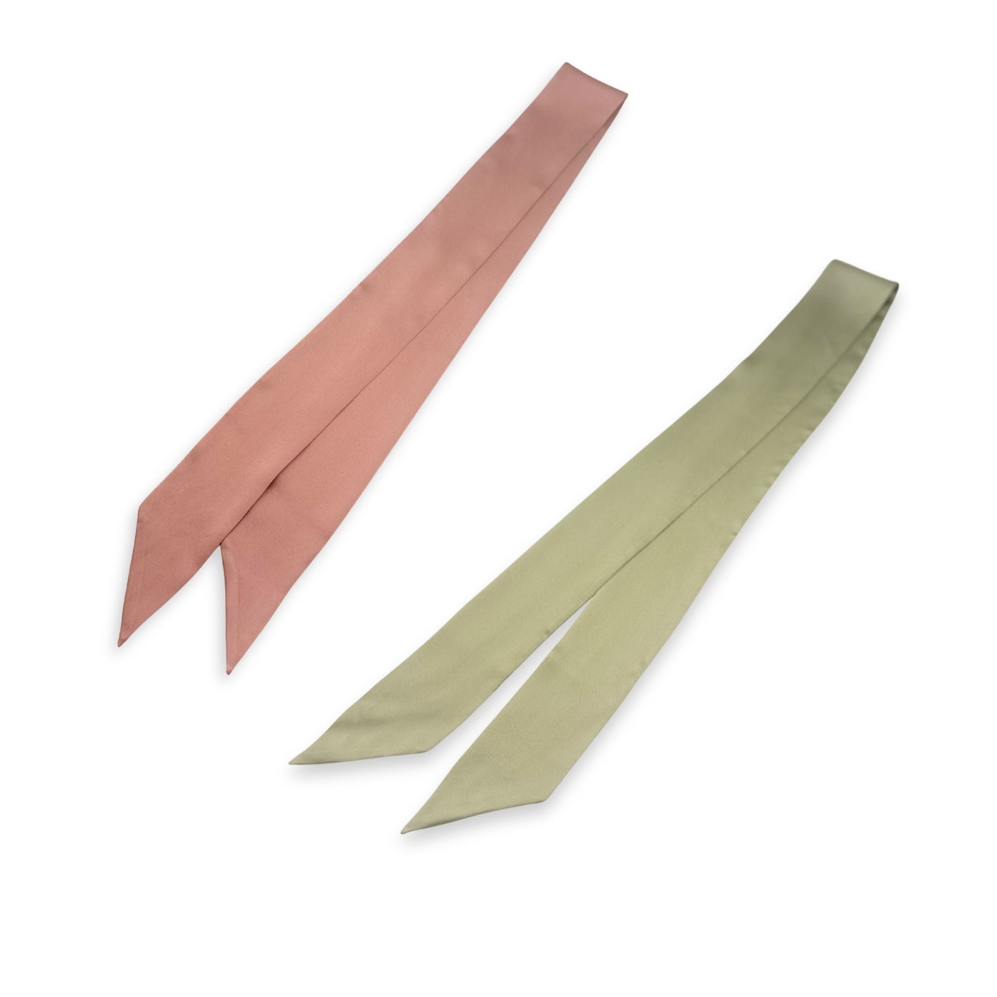 a dusty rose and a sage green silk skinny scarf on a white background
