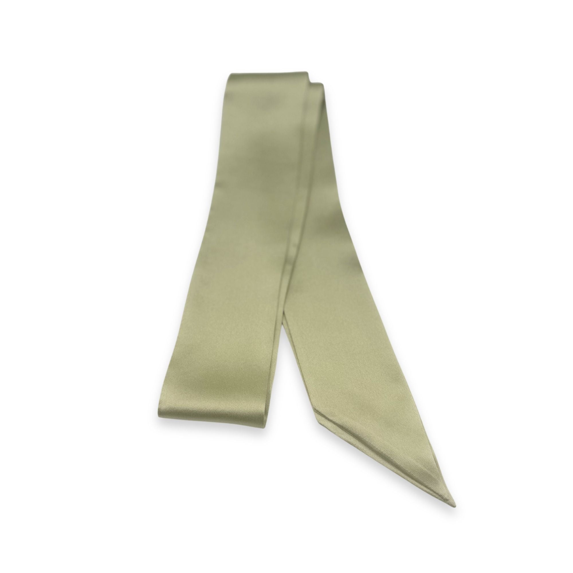 a sage green silk skinny scarf on a white background