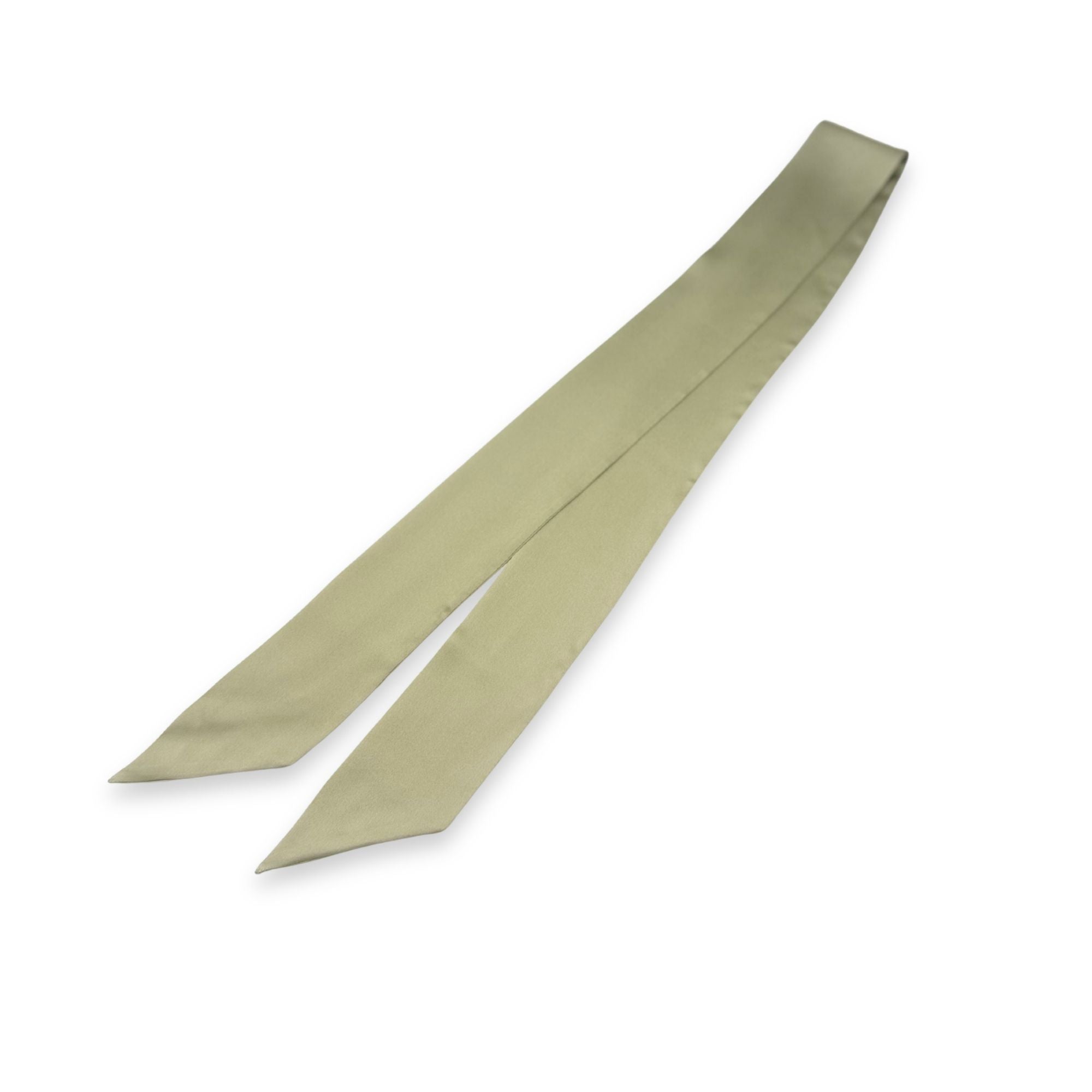 a sage green silk skinny scarf on a white background