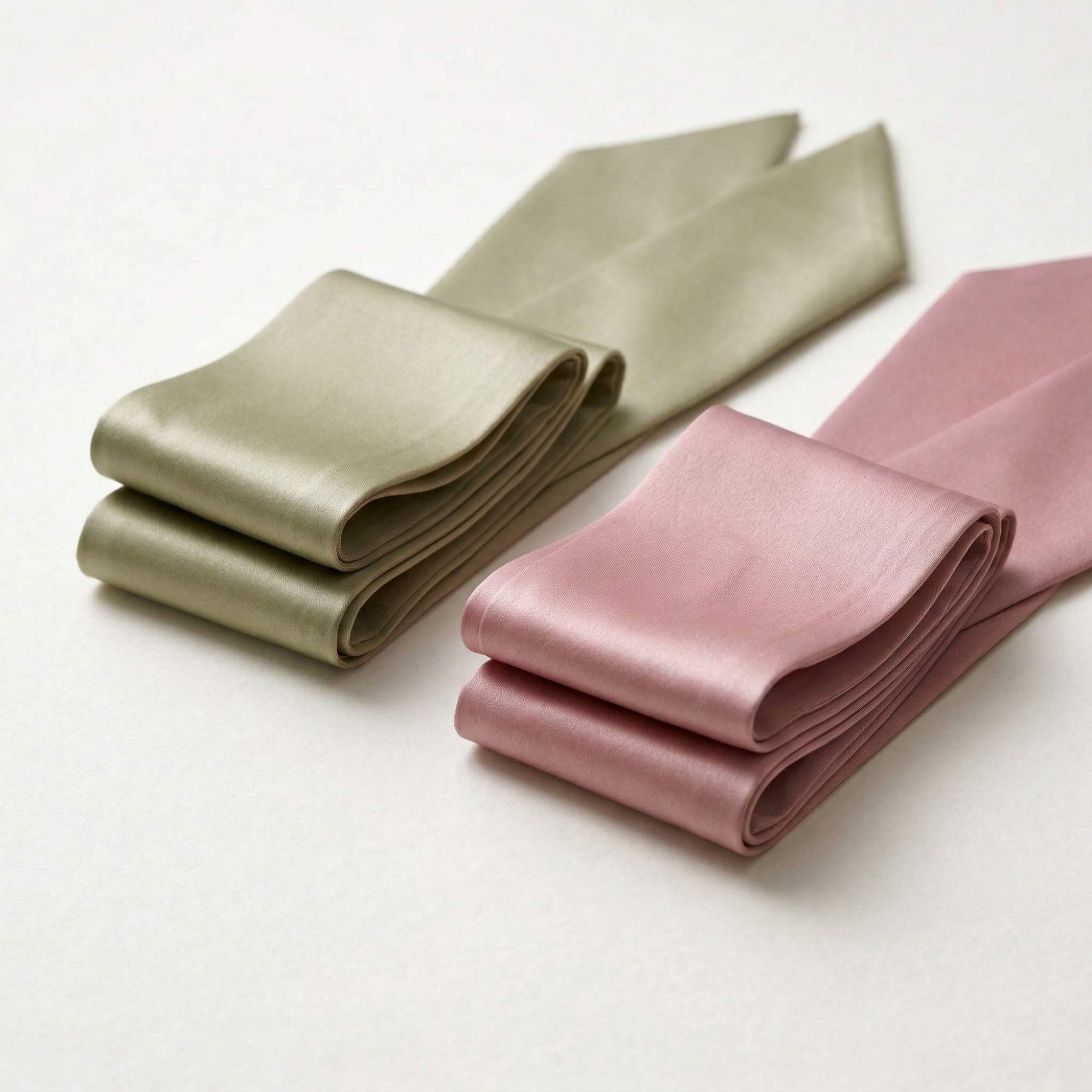 Two folded silk scarves, one green and one pink, on a white background
