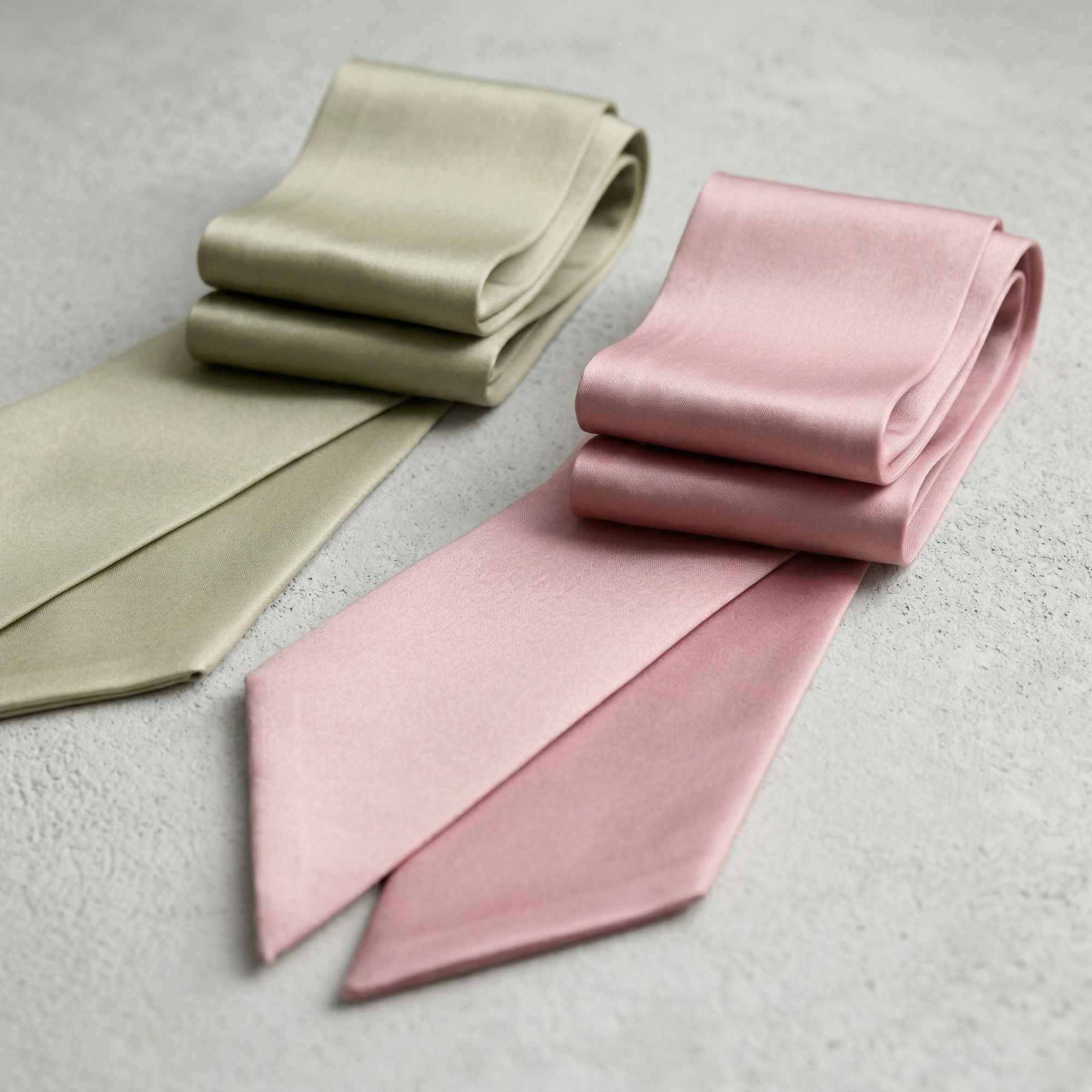 Two folded silk scarves, one green and one pink, on a light gray surface.