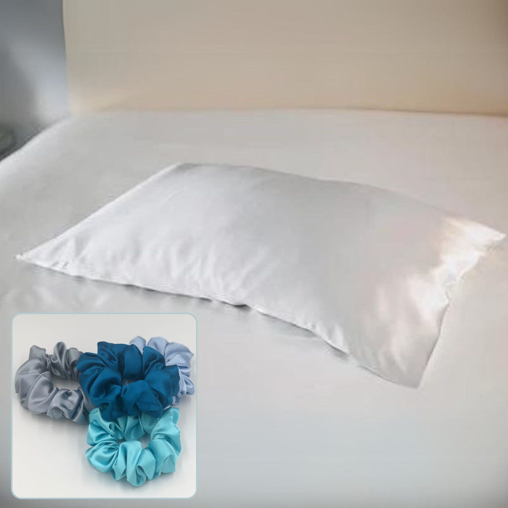 Silver 25 momme Housewife Pillowcases and Four Blue Scrunchies Gift Box