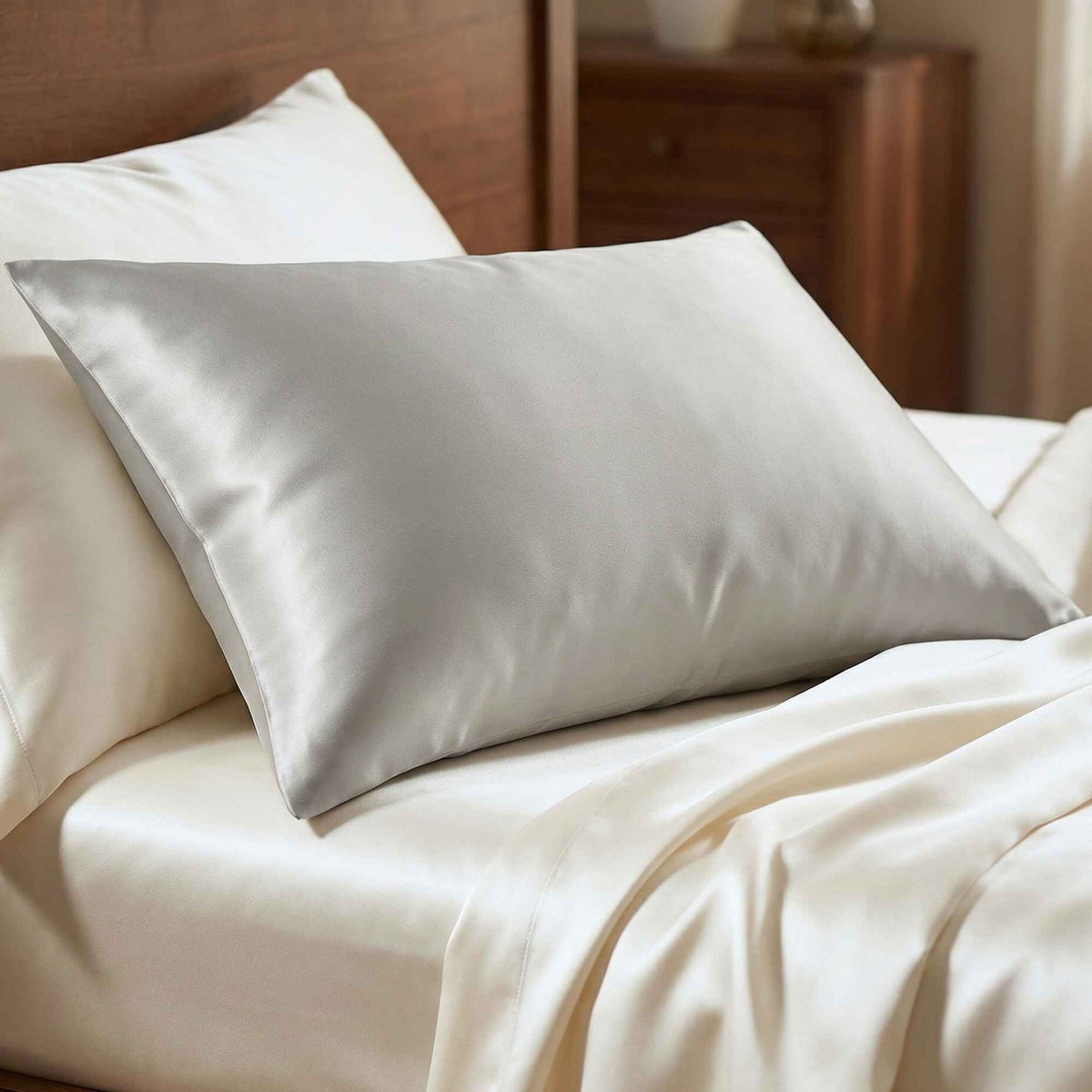 silver 25 momme mulberry silk pillow on a bed