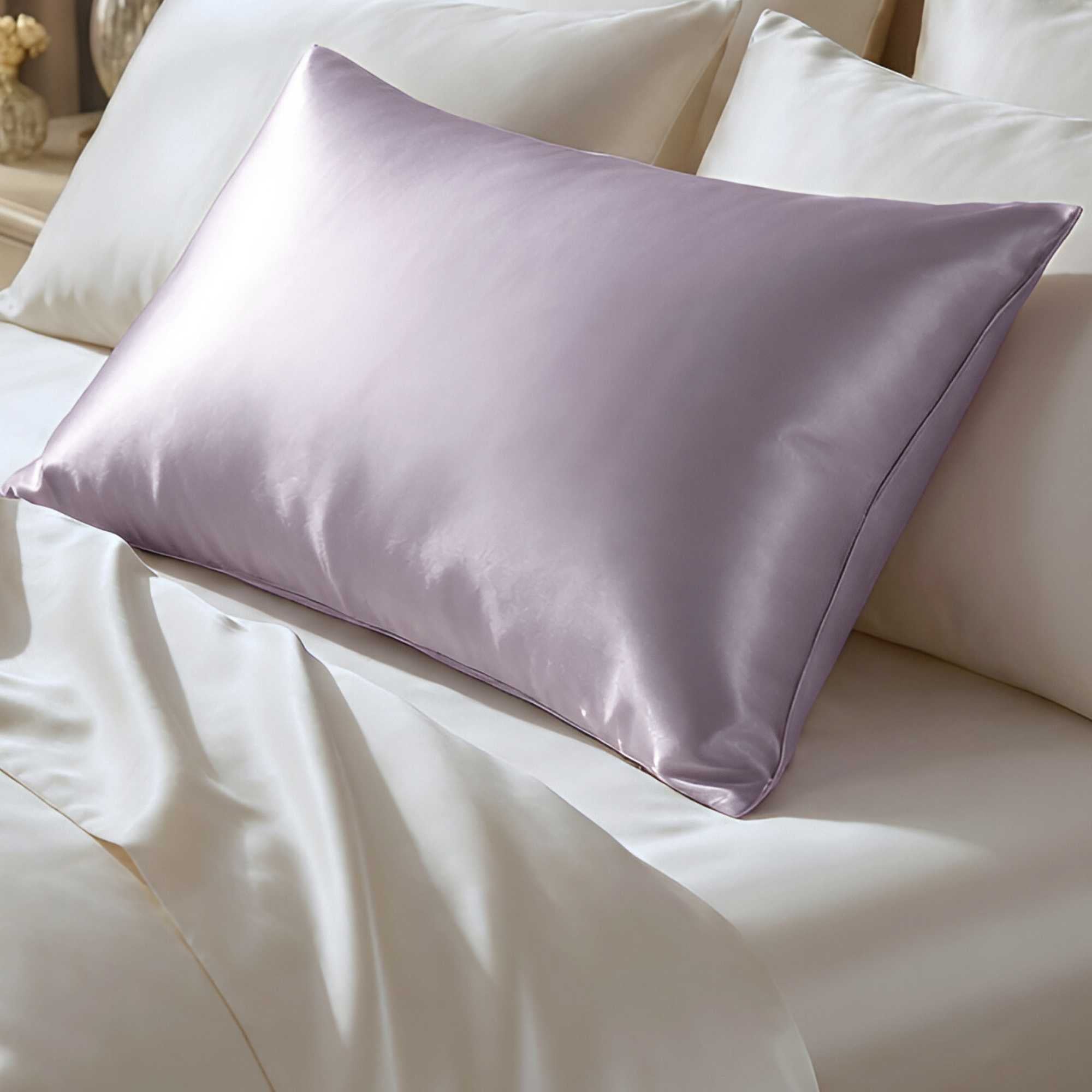 Silk purple pillow on a bed with white pillows and sheets