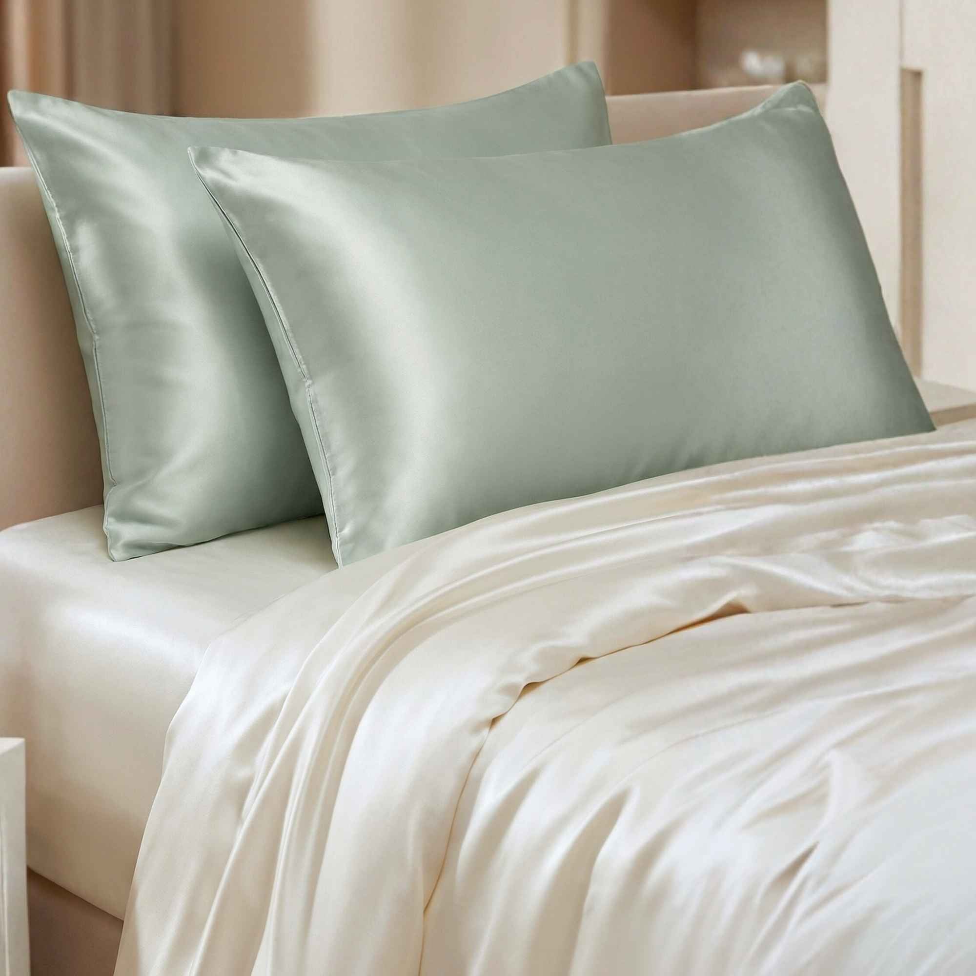 Two glacial green silk pillows on a beige bed.