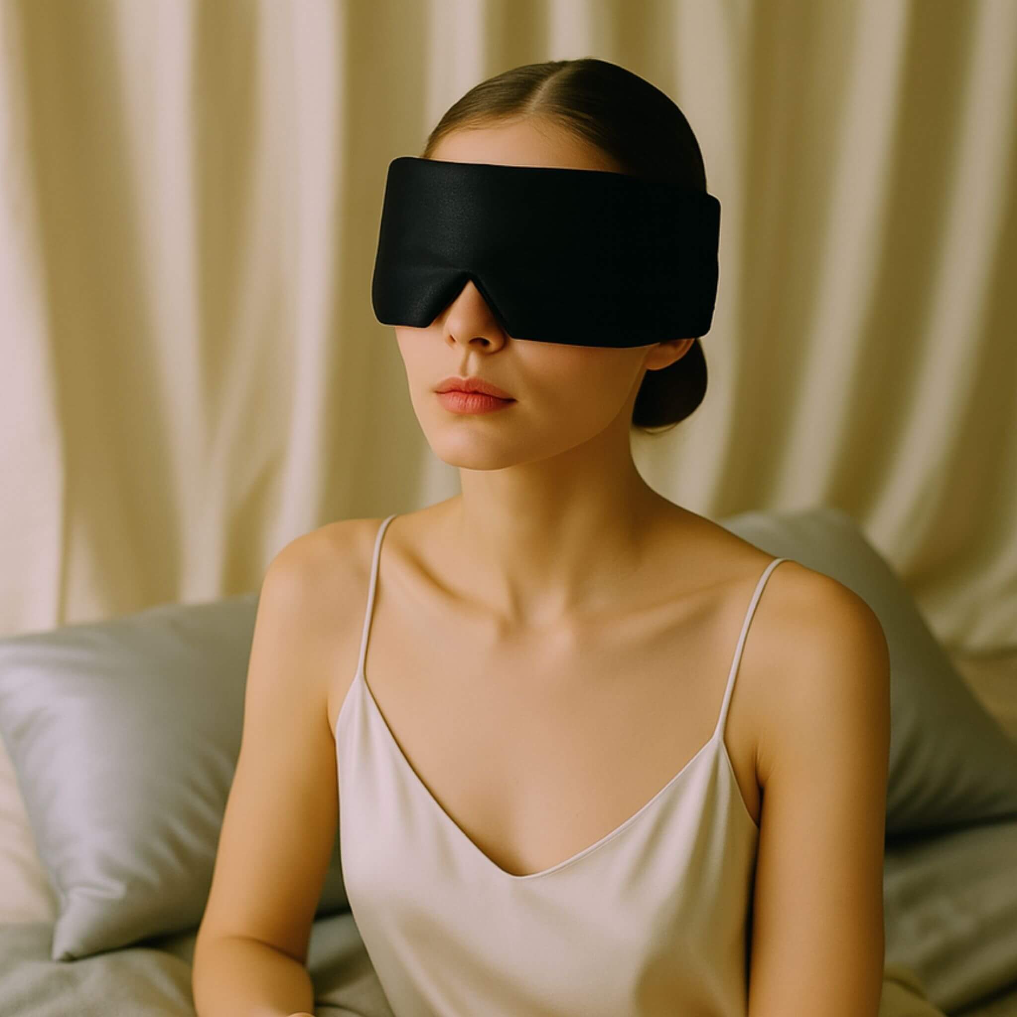Woman wearing a black silk sleep mask in a softly lit room.