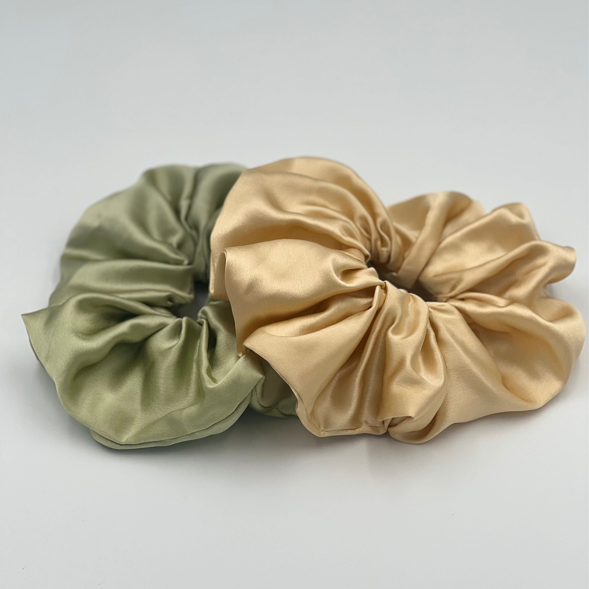 golden yellow and pistachio green oversized silk scrunchies